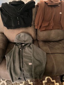 3 pro club sweaters, 1 gray and 1 brown and 1 black