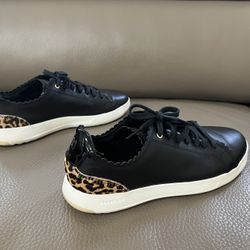 COLE  HAAN  GRAND  OS  BLACK  SCALLOPED  LEATHER  LACE-UP  SNEAKERS SZ 7,5