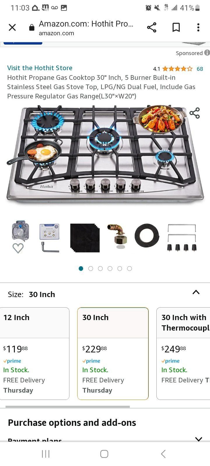 Hothit Propane Gas Cooktop 30" Inch, 5 Burner Built-in Stainless Steel Gas Stove Top, LPG/NG Dual Fuel, Include Gas Pressure Regulator Gas Range(L30"×
