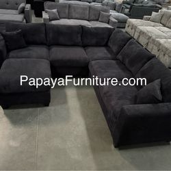 New! Black Sectional Sofa And Ottoman, Black Couch, Black Corduroy Sectional. L-Shaped Sofa, Couch, Sectionals, Black Sofa, Black Sectional,Plush Sofa