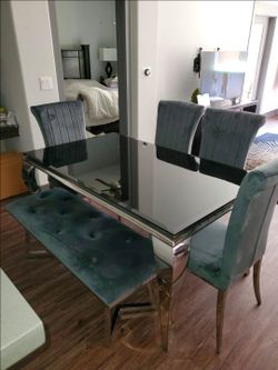 Sleek Italian design dining table and gray chairs (4) and gray bench