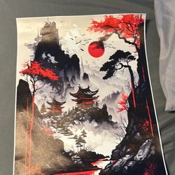 Japanese Landscape Art Print Red Black Temples