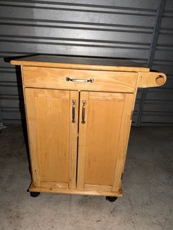 Vintage Wooden Cabinet Nightstand on Wheels with Drawer and Double Doors