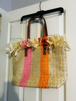 Woven Straw Tote Bag with Fringe