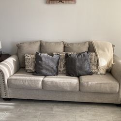 Living Room Set (Couch, Tables, Pillows, Lamps, & Throw Away Blanket)