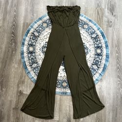 Essue Small Dark Green Ribbed Strapless Jumpsuit Slit Wide Leg Cropped Pants