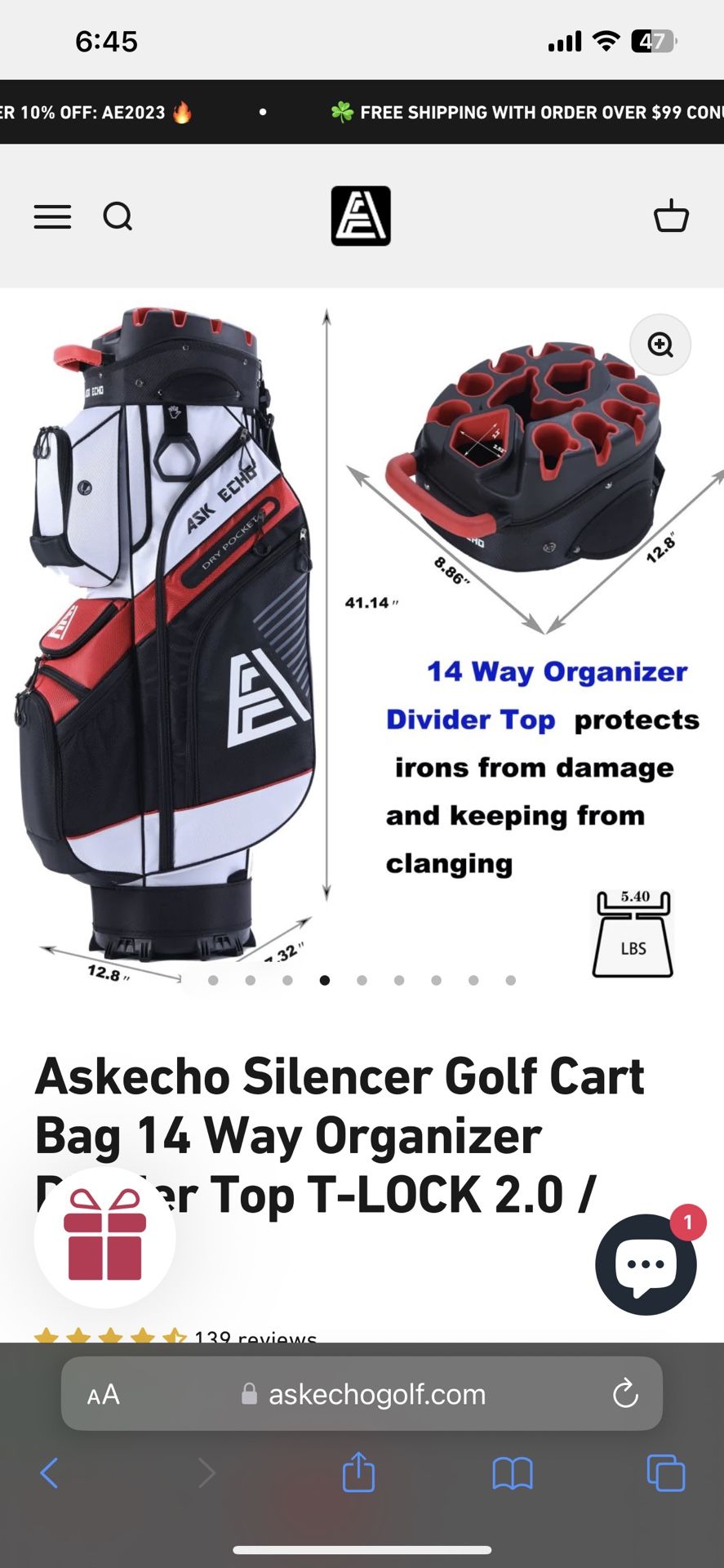 Askecho Silencer Golf Cart Bag 14 Way Divider 14 Way Organizer Top T-LOCK 2.0 /