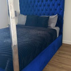 (Queen)Upholstered Canopy Bed-Navy Blue