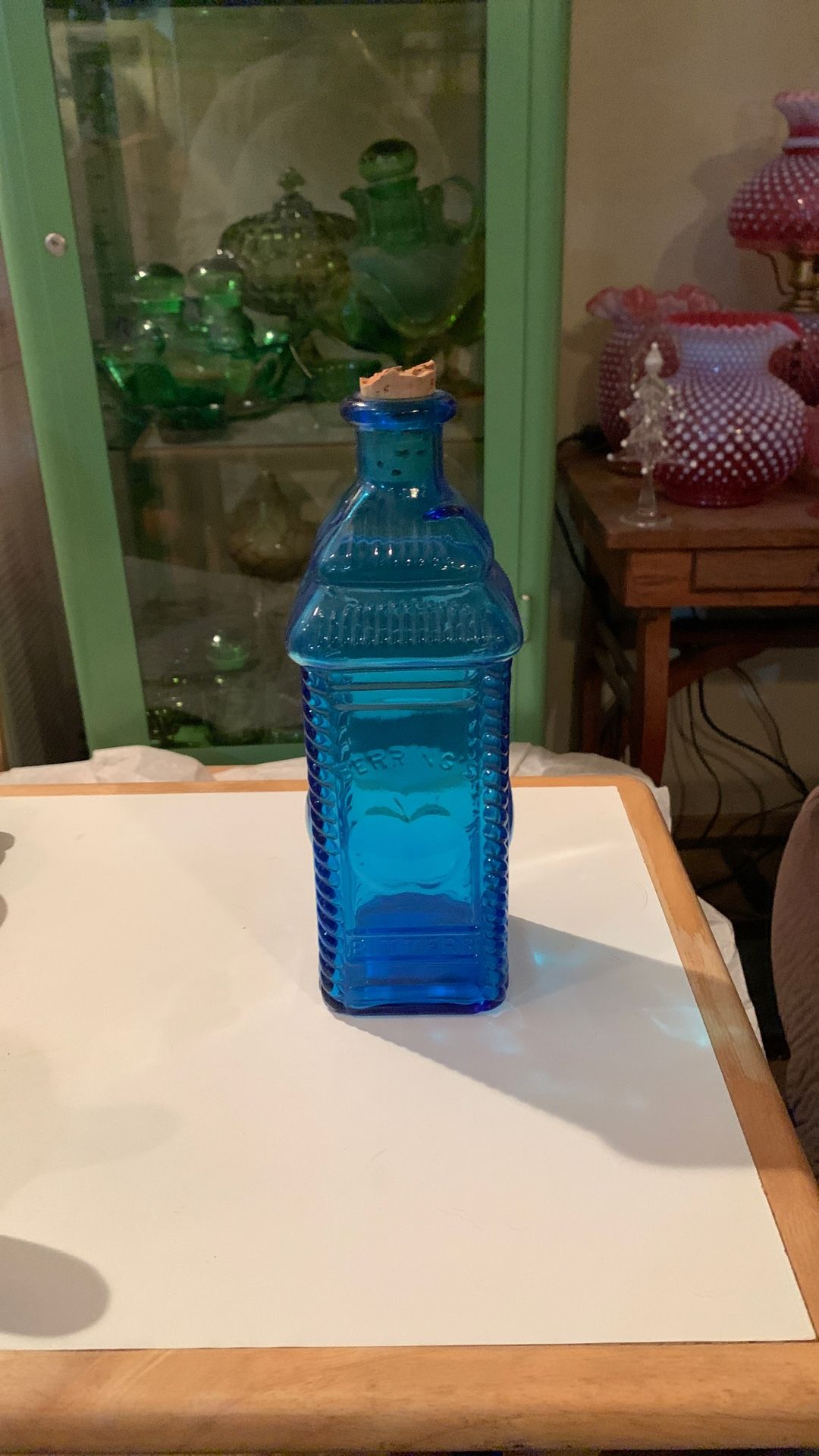 Vintage Wheaton Glass Bottle Berring's Apple Bitters 9 1/4” Tall Unique Blue