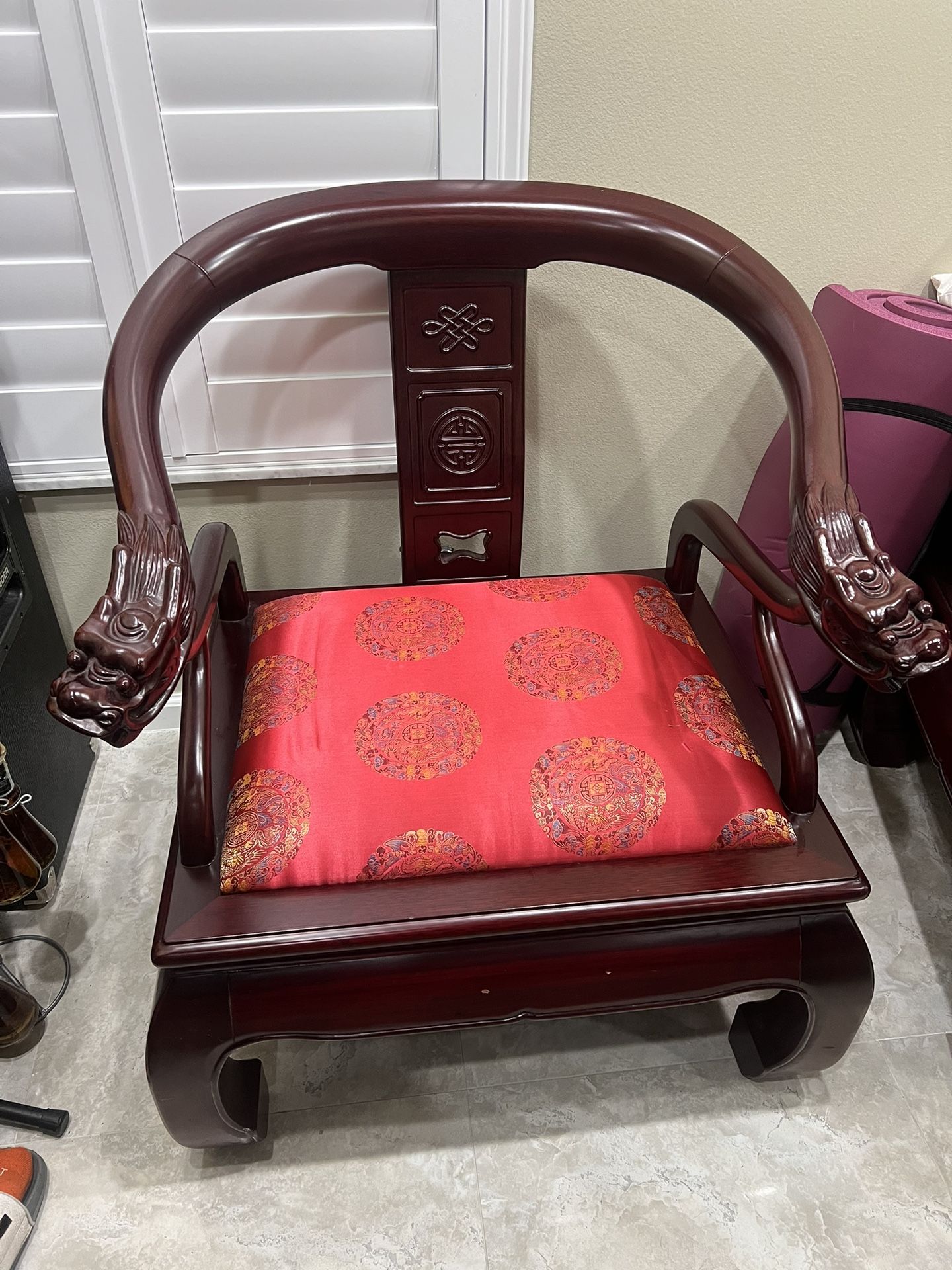 Antique Asian Cherrywood Chair With Attached Cushion