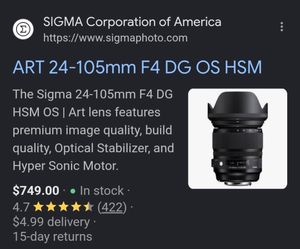 Mint Sigma 24-105mm f/4 DG OS HSM Art Lens for Canon EF