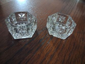 vintage hexagonal cut glass salt cellars or salt dips.
