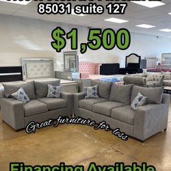 2 PCs Sofa And Loveseat Grey Fabric Brand New