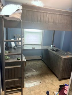 Pottery Barn Full Loft Bed, 7 Drawers,  1 Cabinet and a U Shaped Desk - Gray