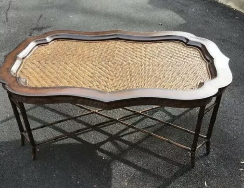 Amazing Maitland Smith Rattan & Leather Bamboo Coffee Table Removable Top $3200