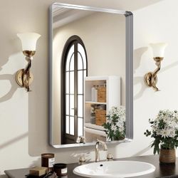 Silver Bathroom Mirror For Wall, 36x24 Inch Rectangular Aluminum Alloy Framed Mirror, Modern Wall Mounted Vanity Mirror For Bathroom, Vertical O