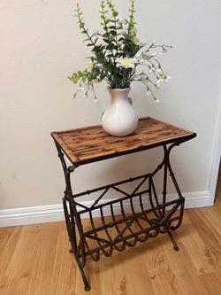 Side table entryway bamboo top metal bottom