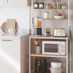 Coffee Bar, 31.5 Inches Baker's Rack for Kitchen with Storage, 6-Tier Kitchen Shelves with 6 Hooks, Microwave Stand, Industrial, Oak Colou