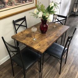 Dining Table Set With 4 Black Leather Chairs 