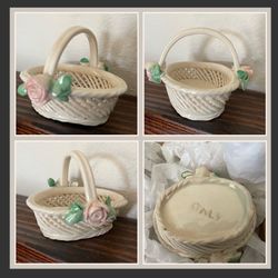 Capodimonte Porcelain Woven Basket with Flowers, Italy, Vintage Collectible,