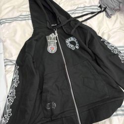 Chrome Hearts Horseshoe Floral Cross Sleeve Zip Up Hoodie Black/White