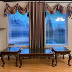 Like New Mor Furniture Set Of 3 - One Coffee Table & Two End Tables W Metal Swirl Accents Under Glass Rustic Antique Finish
