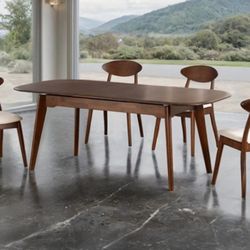 Brand New Walnut & Beige Mid Century Modern Style 5pc Dining Table Set