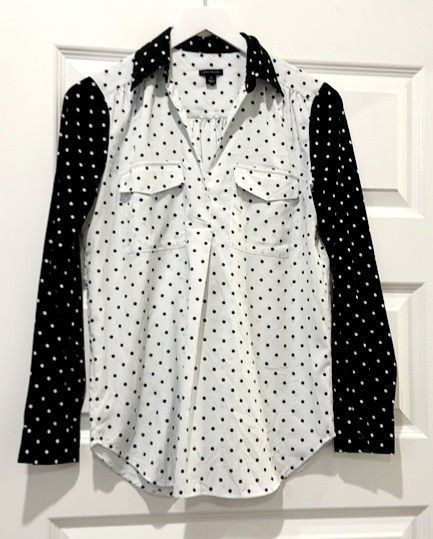 Ann Taylor Polka Dot Black White Long Sleeve Botton Down Shirt Top Blouse Women's Size Xl Extra Large 