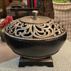Large Heavy Ornate Vase With Cutouts And Lid On Pedestal 