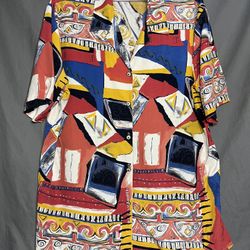 Karen Kane vintage abstract print short-sleeve button-down blouse. Size 16 Rayon