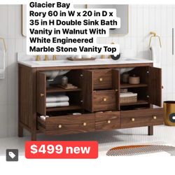 GLACIER BAY RORY 60 In W X 20 In D X 35 In H Double Sink Bath Vanity Walnut With White Engineered New