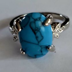 NATURAL TURQUOISE POLISHED PRONG SET TITANIUM FOREVER  SILVER NEW SIZE 5 RING 
