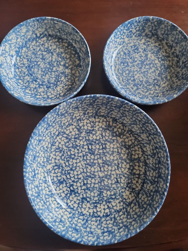 3 Roseville Spongeware Pottery Bowls