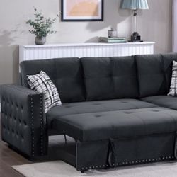 Black Velvet Convertible Sectional Reversible Chaise With Storage Pillows Included Nailhead Trim Accent Brand New In Box Firm Price $520