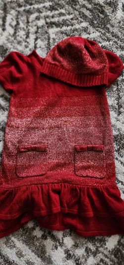 Girls 5t Sparkly Maroon Sweater Dress With  Matching Hat