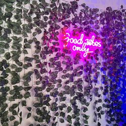 Pink neon sign and artificial ivy for backdrop