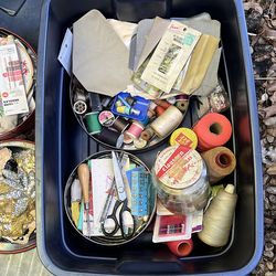 Assortment of sewing equipment, embroidery, yarn, needles ,thread ,buttons
