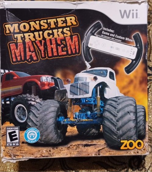 Wii Video Game Monster Trucks Mayhem With Controller Wheel Adapter