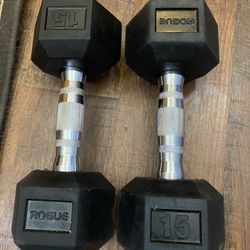 New, Rogue 15lb rubber hex dumbbell 