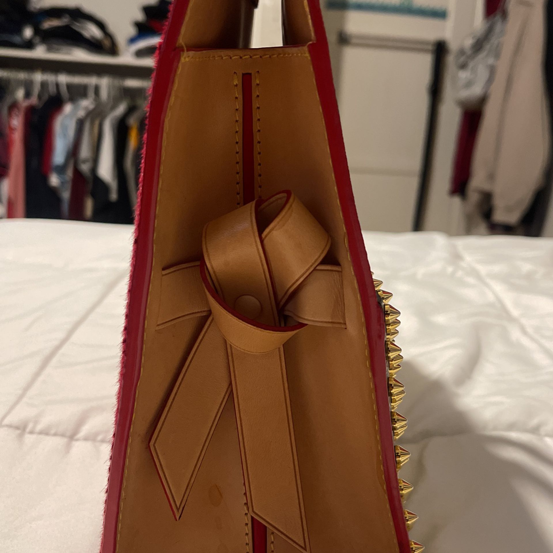 LOUIS VUITTON Monogram Calf Hair Spikes Iconoclasts Christian Louboutin  Tote Red 68265