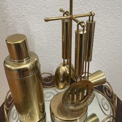 Gold Toned Bar Cocktail Mixology Accessories With Tray 