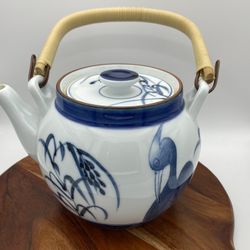 Asian  Teapot Vtg Pottery White Blue Bird Signed