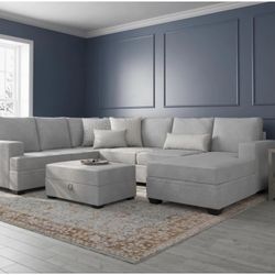 Super clean and comfy! Grey Fabric 127" 2 Piece U-Shaped Sectional with Ottoman