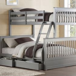 Brand New Grey Twin Over Full Bunk Bed w Trundle Drawers 