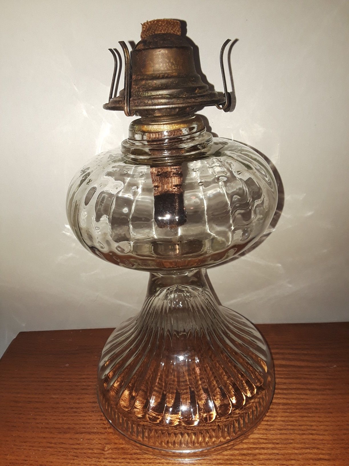 Antique Turn Of The Century Oil Lamp Base With Clear Glass Chimney