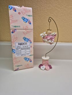 Enesco "Cute as a Button" Flying Love Angel Hanging Ornament with matching spool stand