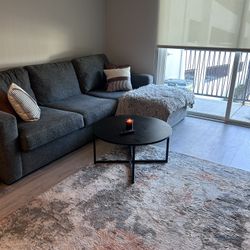 Living room couch, rug, mirror