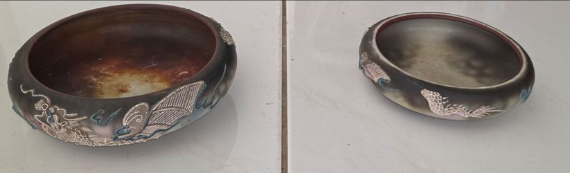 Set of two vintage embossed dragon ceramic shallow bowls / planters. Large 8.5 inch diameter, small 7.5 inch diameter. Raised dragon relief decoration