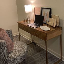 Wood Desk/Vanity + Leopard Accent Chair 