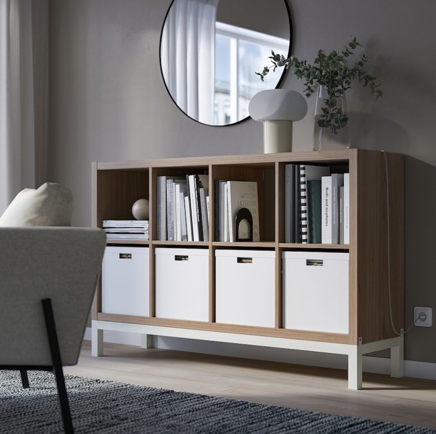 New Walnut Effect/Light Gray White IKEA Kallax Shelving Unit w/ Underframe